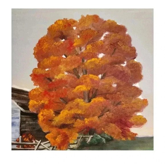 Vintage Mid-Century Painting Fall Autumn Landscape Barn Tree Signed 20x16 in - Picture 5 of 14